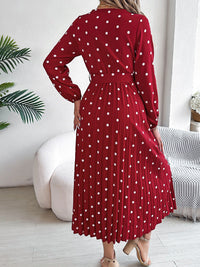 Tied Polka Dot Long Sleeve Midi Dress Trandify deal