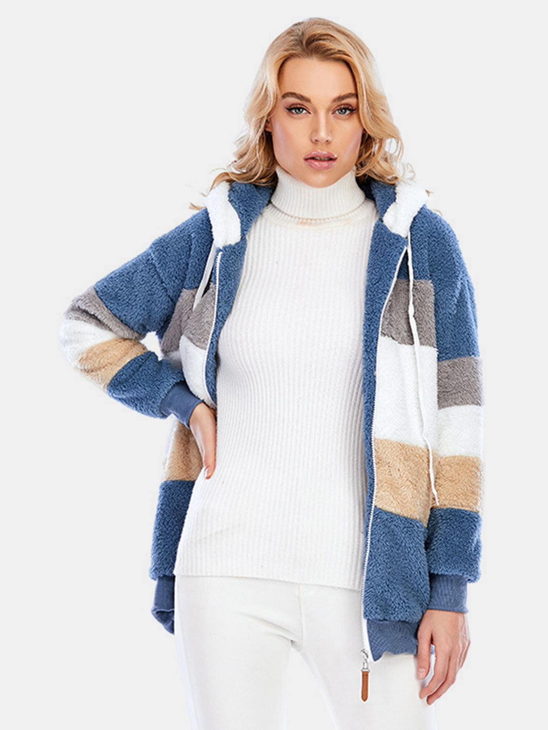 Full Size Drawstring Color Block Zip Up Hooded Outerwear Trandify Deal