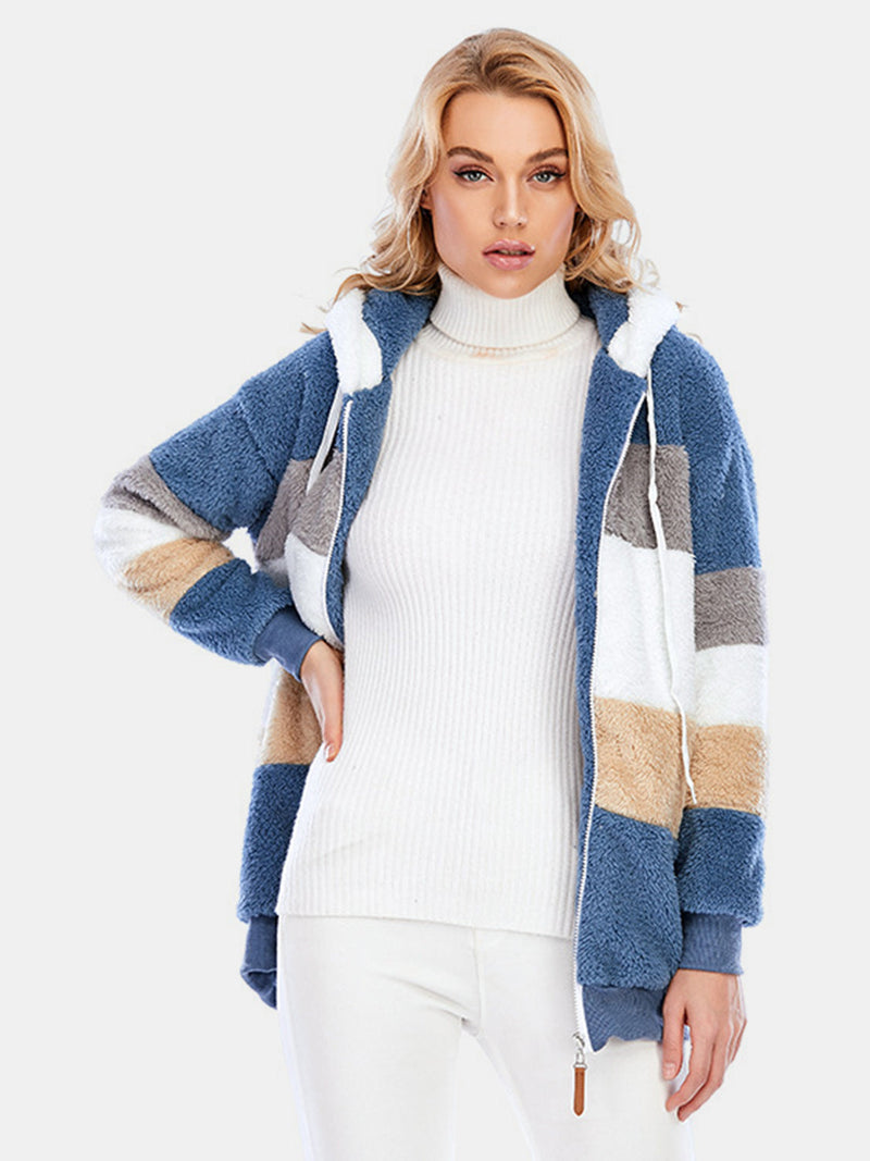 Full Size Drawstring Color Block Zip Up Hooded Outerwear Trandify Deal