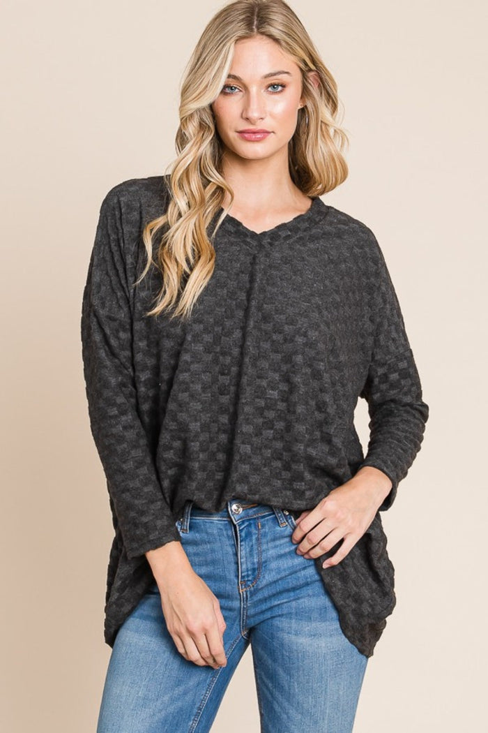 BOMBOM Checkered Long Sleeve V-Neck T-Shirt Trandify Deal