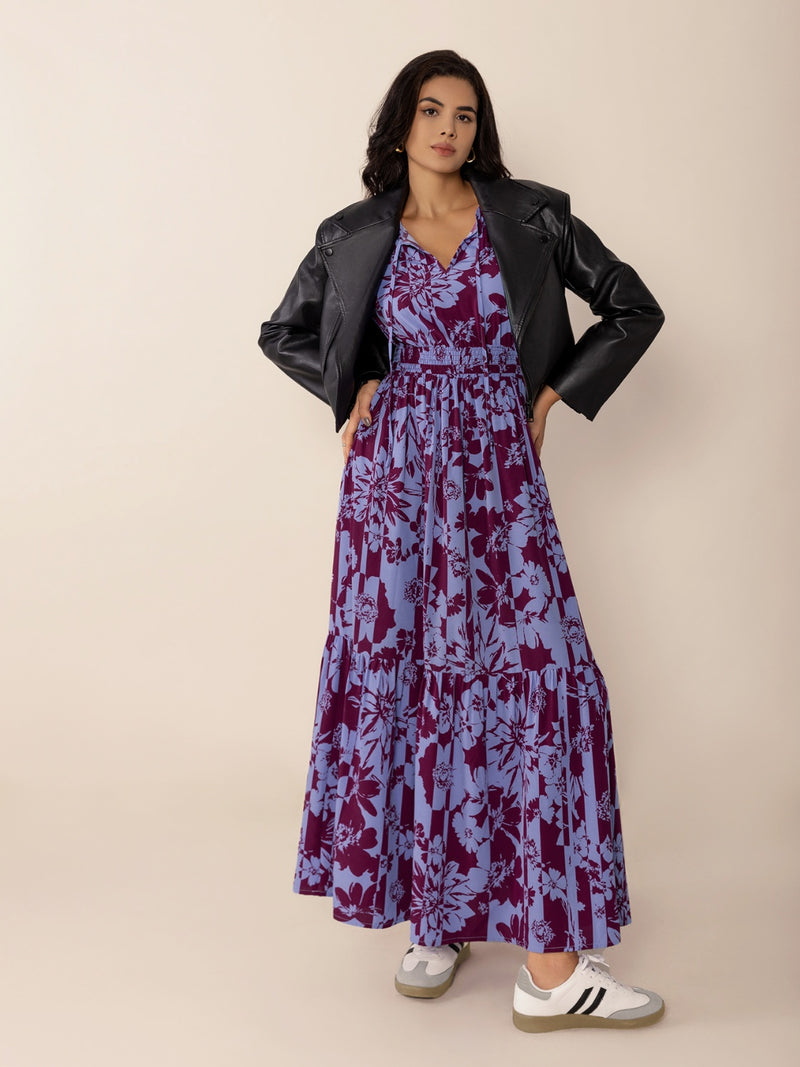 Printed Tie Neck Balloon Sleeve Maxi Dress – Women’s Fashion – TrandifyDeal