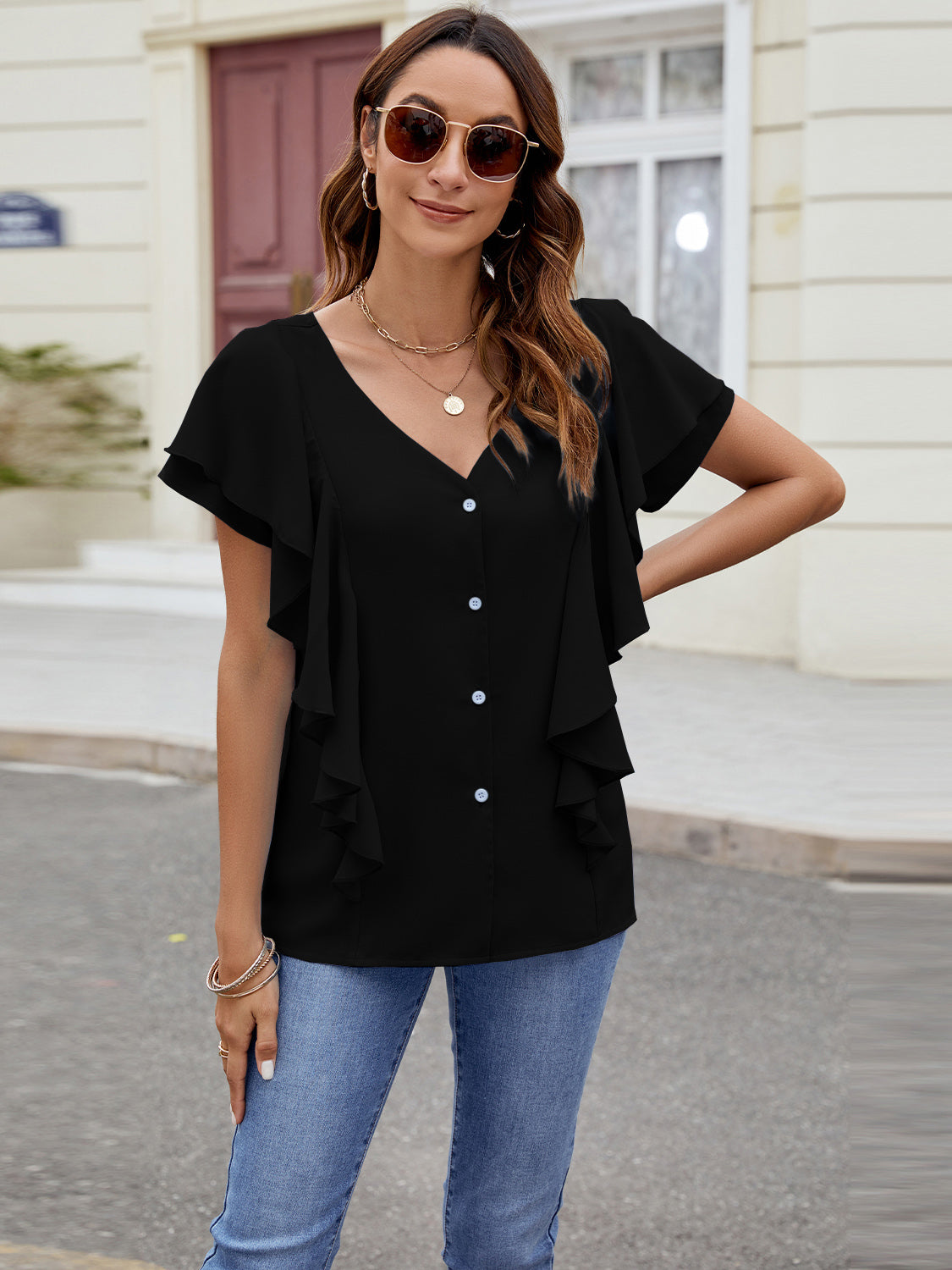 Ruffled V-Neck Short Sleeve Top Trandify deal