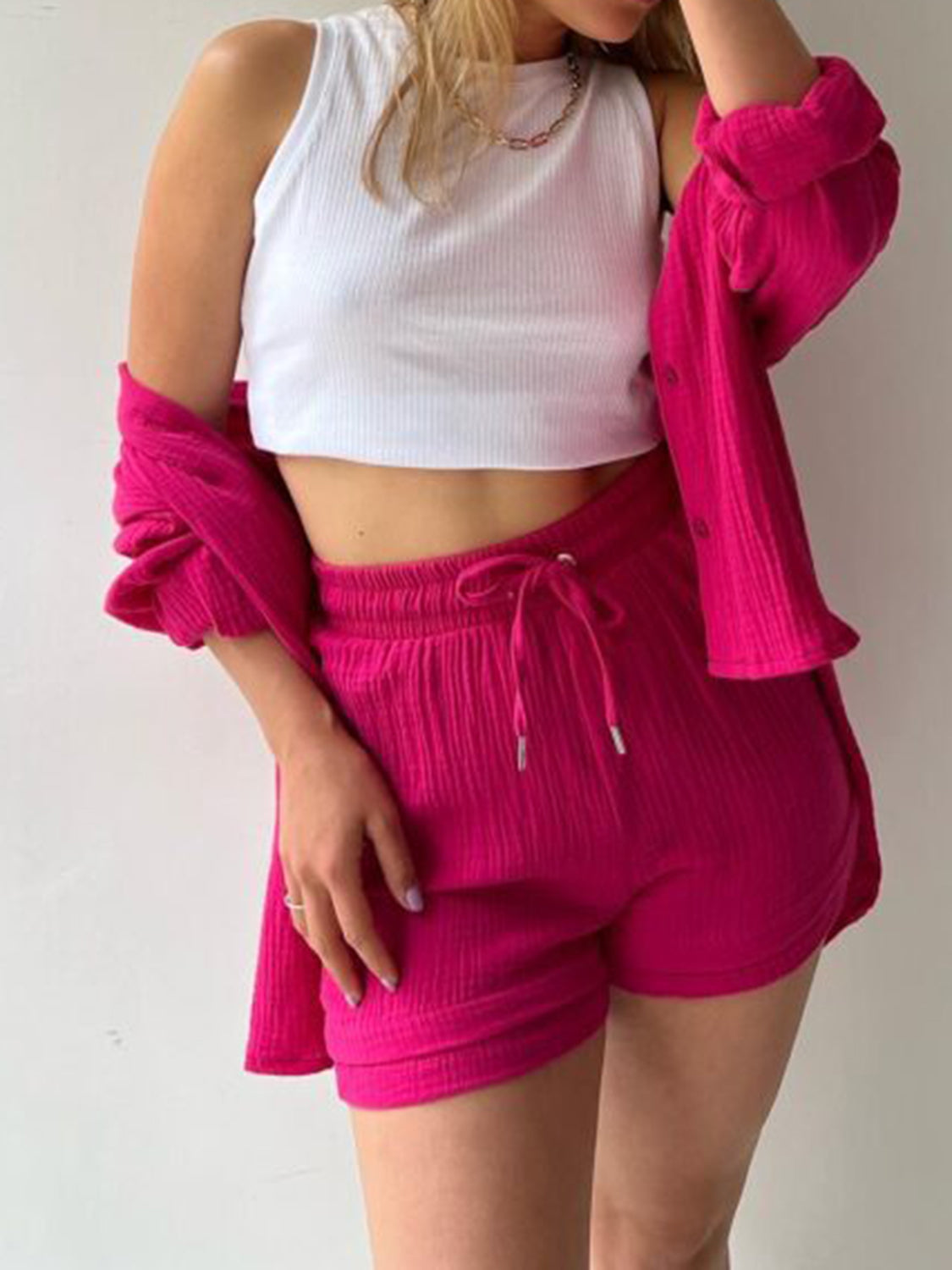 Texture Button Up Shirt and Drawstring Shorts Set Trandify deal