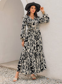 Smocked Printed Tie Neck Long Sleeve Dress Trandify Deal