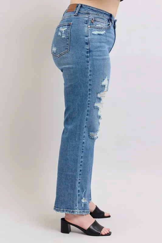 Judy Blue Destroyed Straight Leg Jeans high waist style
