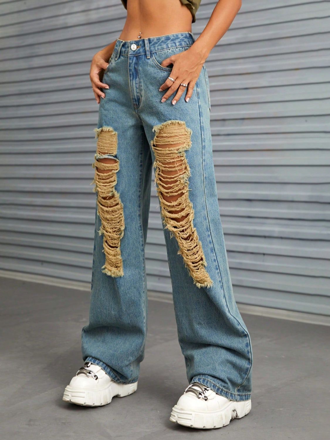 Distressed Wide Leg Jeans with Pockets Trandify Deal