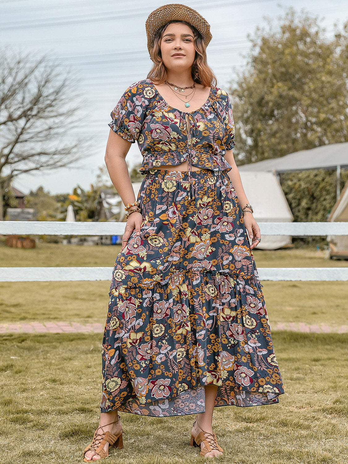 Plus Size Tie Neck Short Sleeve Top and Skirt Set Trandify deal