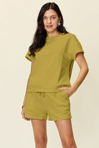 Double Take Full Size Texture Short Sleeve T-Shirt and Drawstring Shorts Set Trandify deal