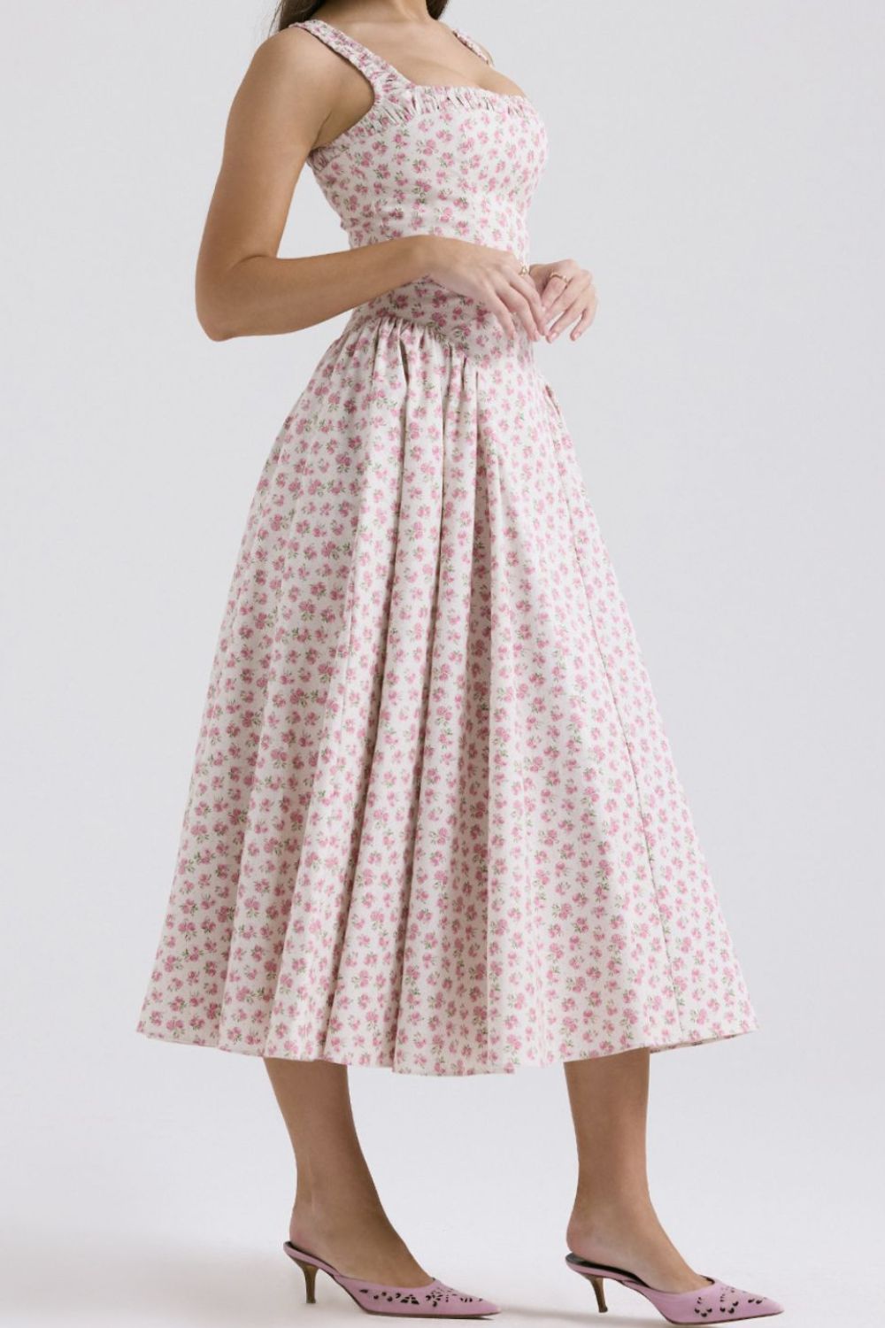 Blush pink floral square neck midi dress for women – USA summer wedding guest dress, wide straps, romantic style – TrandifyDeal