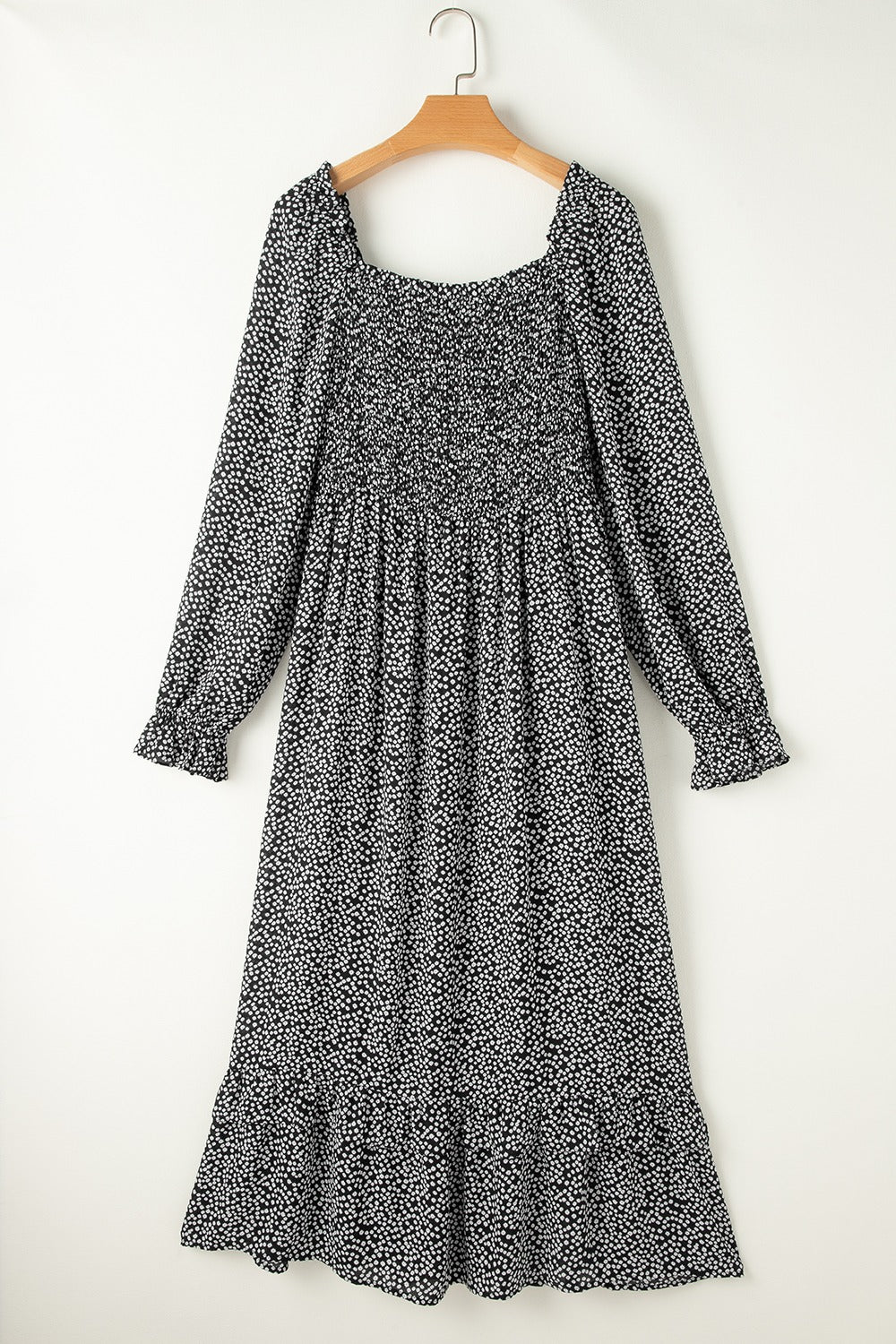 Printed Square Neck Long Sleeve Midi Dress Trandify Deal