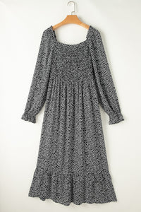 Printed Square Neck Long Sleeve Midi Dress Trandify Deal