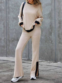 Contrast Round Neck Long Sleeve Top and Bootcut Pants Set Trandify Deal