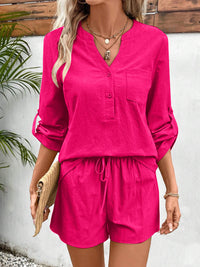 Notched Long Sleeve Top and Shorts Set Trandify deal