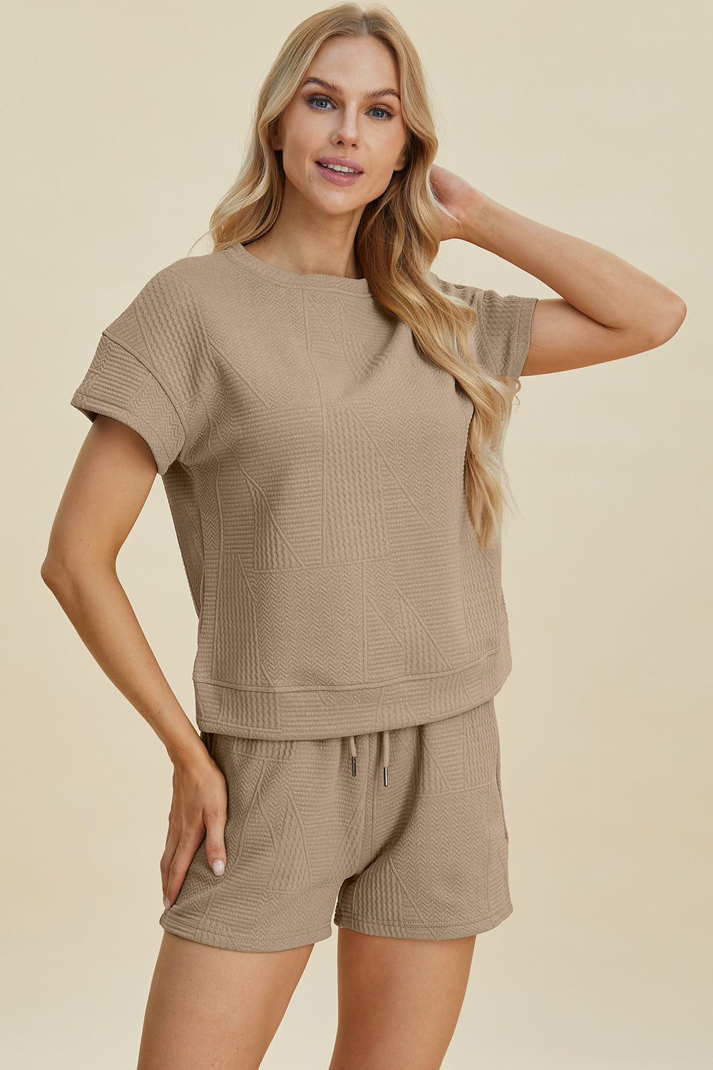 Double Take Full Size Texture Short Sleeve Top and Shorts Set Trandify deal