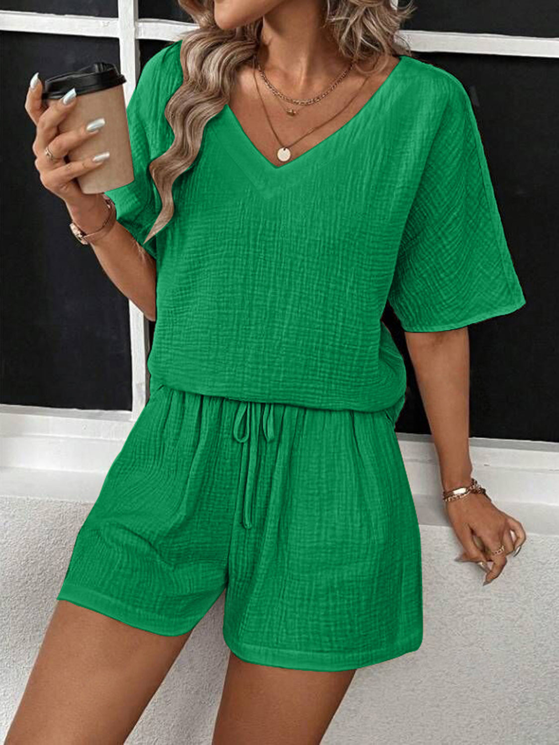 V-Neck Half Sleeve Top and Shorts Set - Trandify Deal