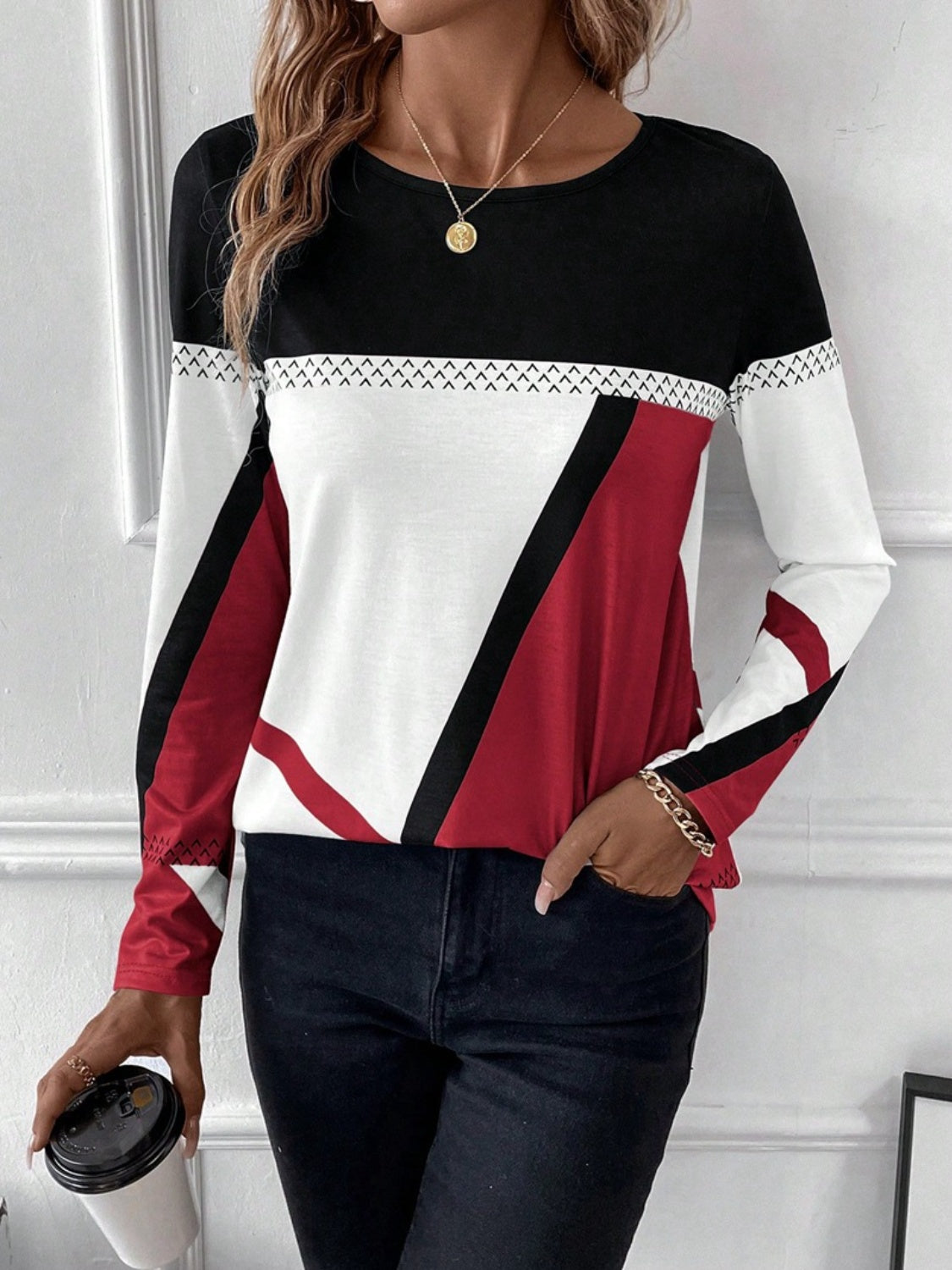 Contrast Round Neck Long Sleeve T-Shirt Trandify Deal