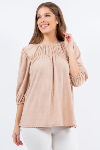 Plus-size puff sleeve blouse with bow detail for women – trendy office and casual top