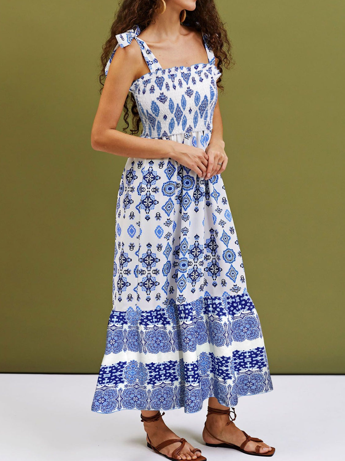 Smocked Printed Square Neck Cami Dress Trandify deal