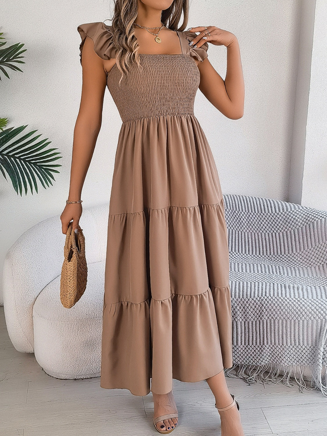 Smocked Square Neck Cap Sleeve Midi Dress Trandify deal