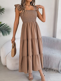 Smocked Square Neck Cap Sleeve Midi Dress Trandify deal