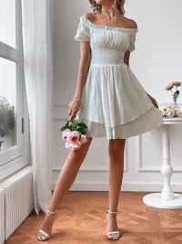 Off-Shoulder Smocked Waist Flowy Mini Dress for Women – Boho Summer Fashion