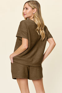 Double Take Full Size Texture Short Sleeve T-Shirt and Drawstring Shorts Set - Trandify Deal