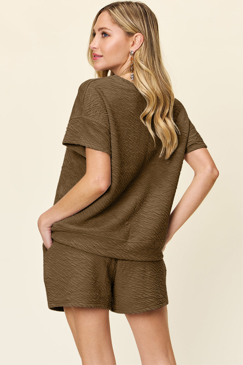 Double Take Full Size Texture Short Sleeve T-Shirt and Drawstring Shorts Set - Trandify Deal