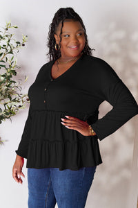 Double Take Half Button Long Sleeve Ruffle Hem Blouse Trandify Deal