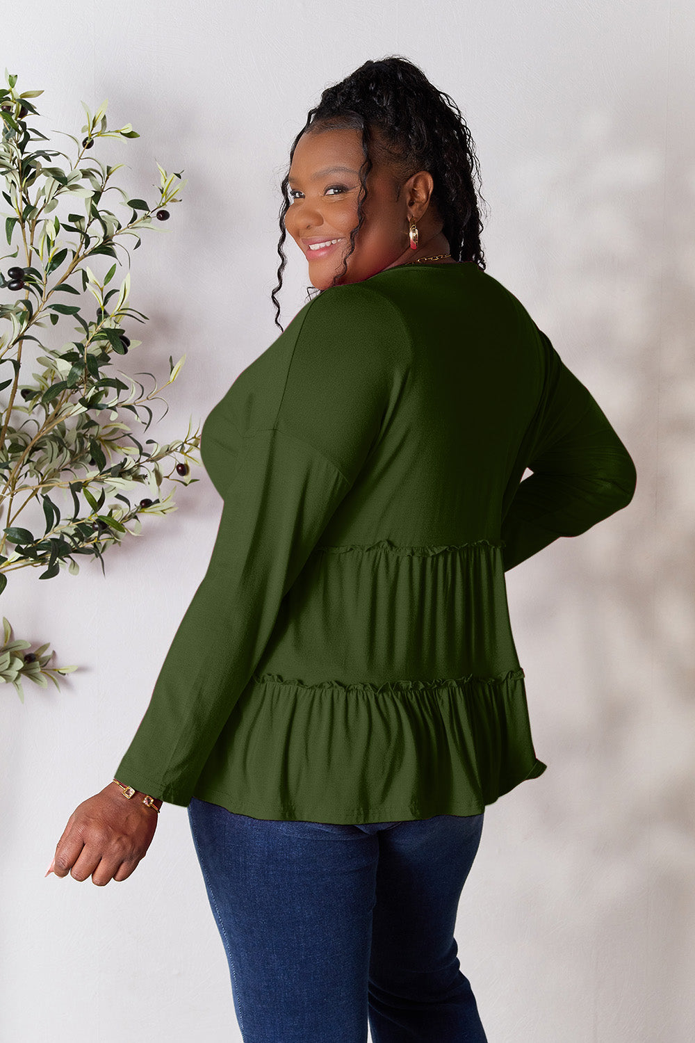 Double Take Half Button Long Sleeve Ruffle Hem Blouse Trandify Deal