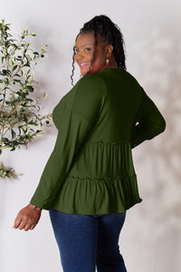 Double Take Half Button Long Sleeve Ruffle Hem Blouse Trandify Deal