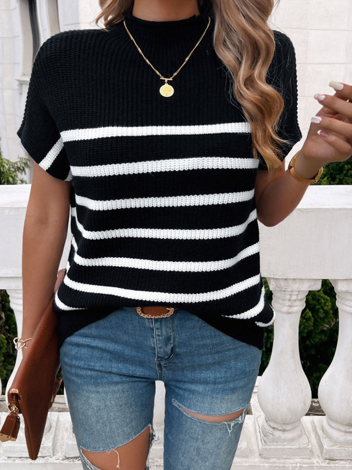 Devine Striped Mock Neck Short Sleeve Sweater Trandify deal