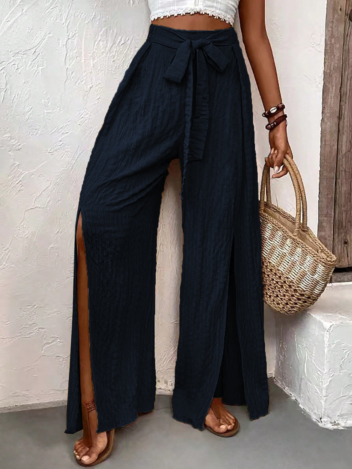 Tied Slit Wide Leg Pants Trandify deal