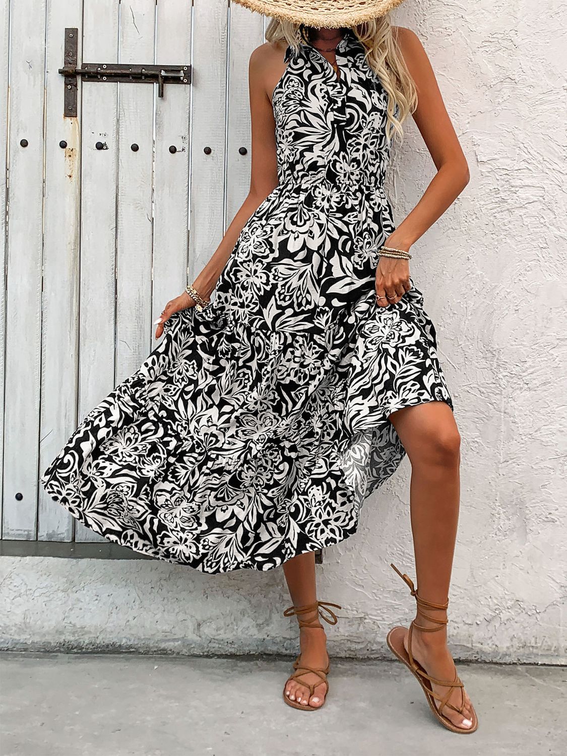 Perfee Backless Smocked Printed Sleeveless Midi Dress Trandify deal
