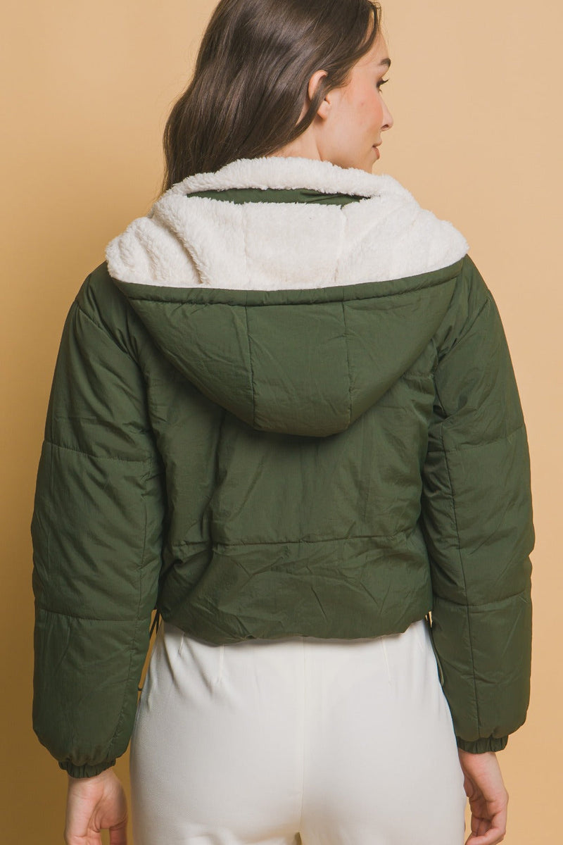 Love Tree Zip Up Cropped Hooded Sherpa Reversible Jacket Trandify Deal