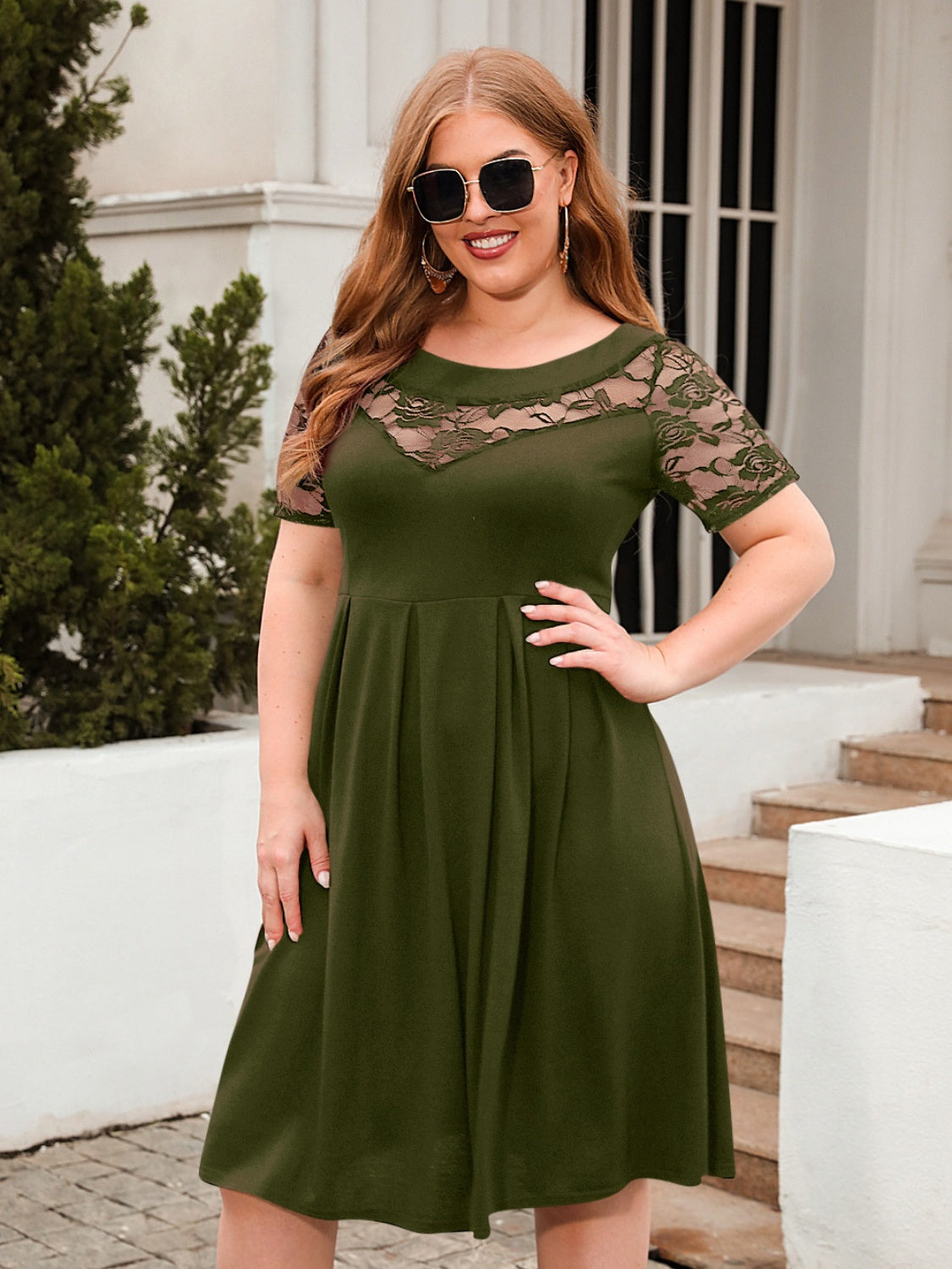 Plus Size Ruched Round Neck Short Sleeve Dress Trandify deal