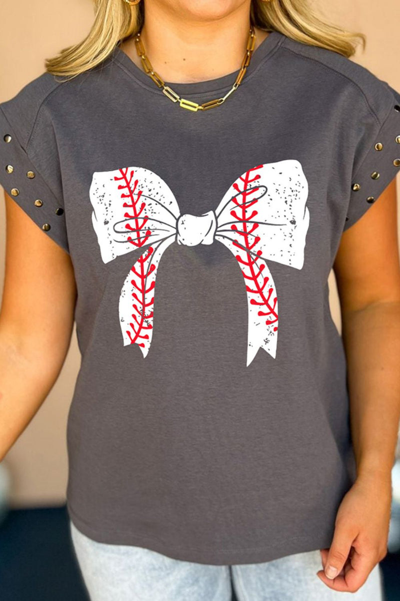 Studded Bow Graphic Round Neck Cap Sleeve T-Shirt Trandify deal
