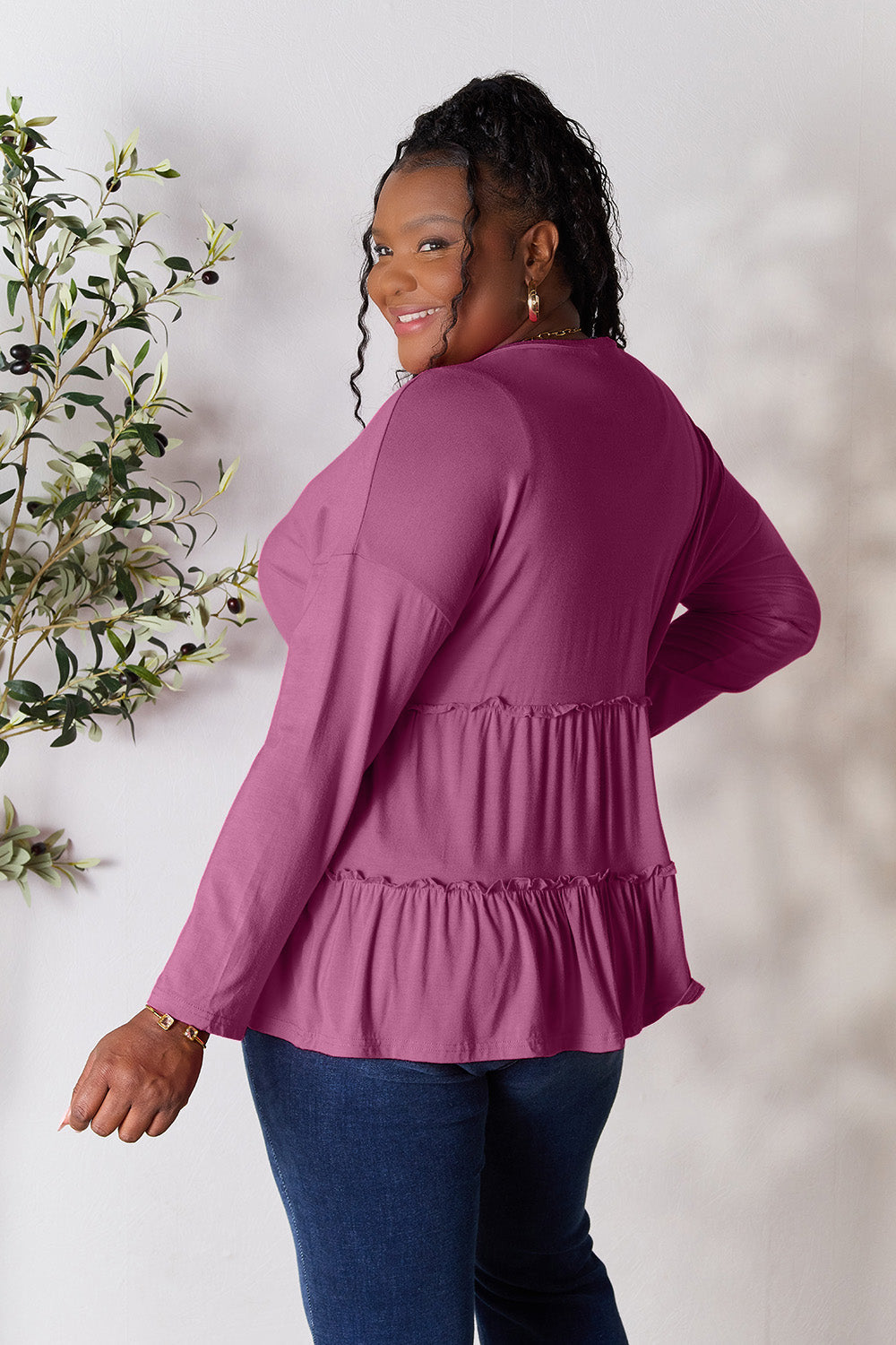 Double Take Half Button Long Sleeve Ruffle Hem Blouse Trandify Deal