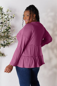 Double Take Half Button Long Sleeve Ruffle Hem Blouse Trandify Deal