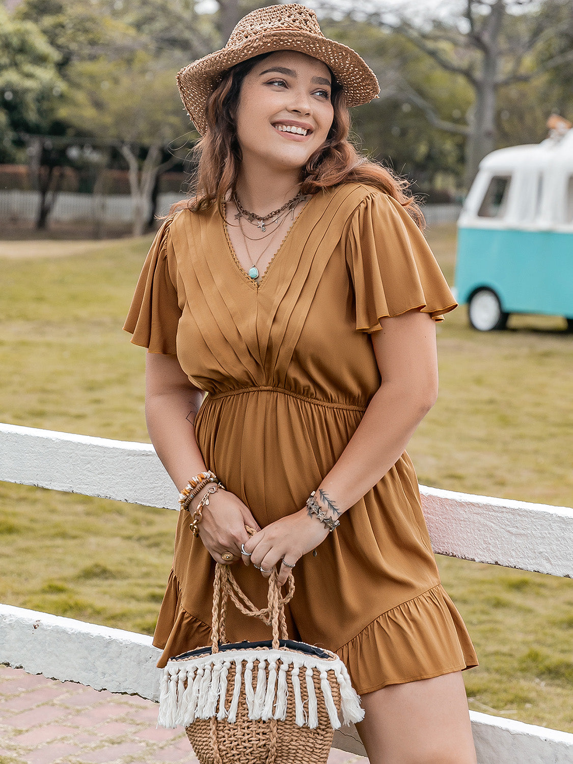 Plus Size Ruffled V-Neck Short Sleeve Romper Trandify deal