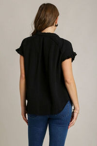Trendy Women’s Frayed Hem Collared Shirt – Short Sleeve Casual Top