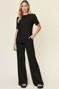 Double Take Full Size Round Neck Short Sleeve T-Shirt and Wide Leg Pants Set Trandify Deal