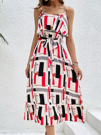 Perfee Ruffled Printed Tie Waist Midi Dress Trandify deal