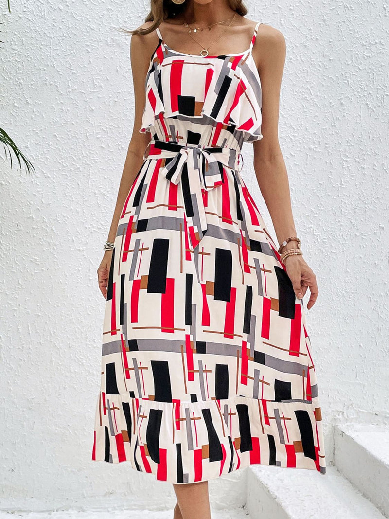 Perfee Ruffled Printed Tie Waist Midi Dress Trandify deal