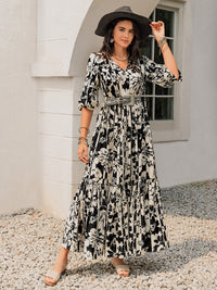 Smocked Printed Tie Neck Long Sleeve Dress Trandify Deal