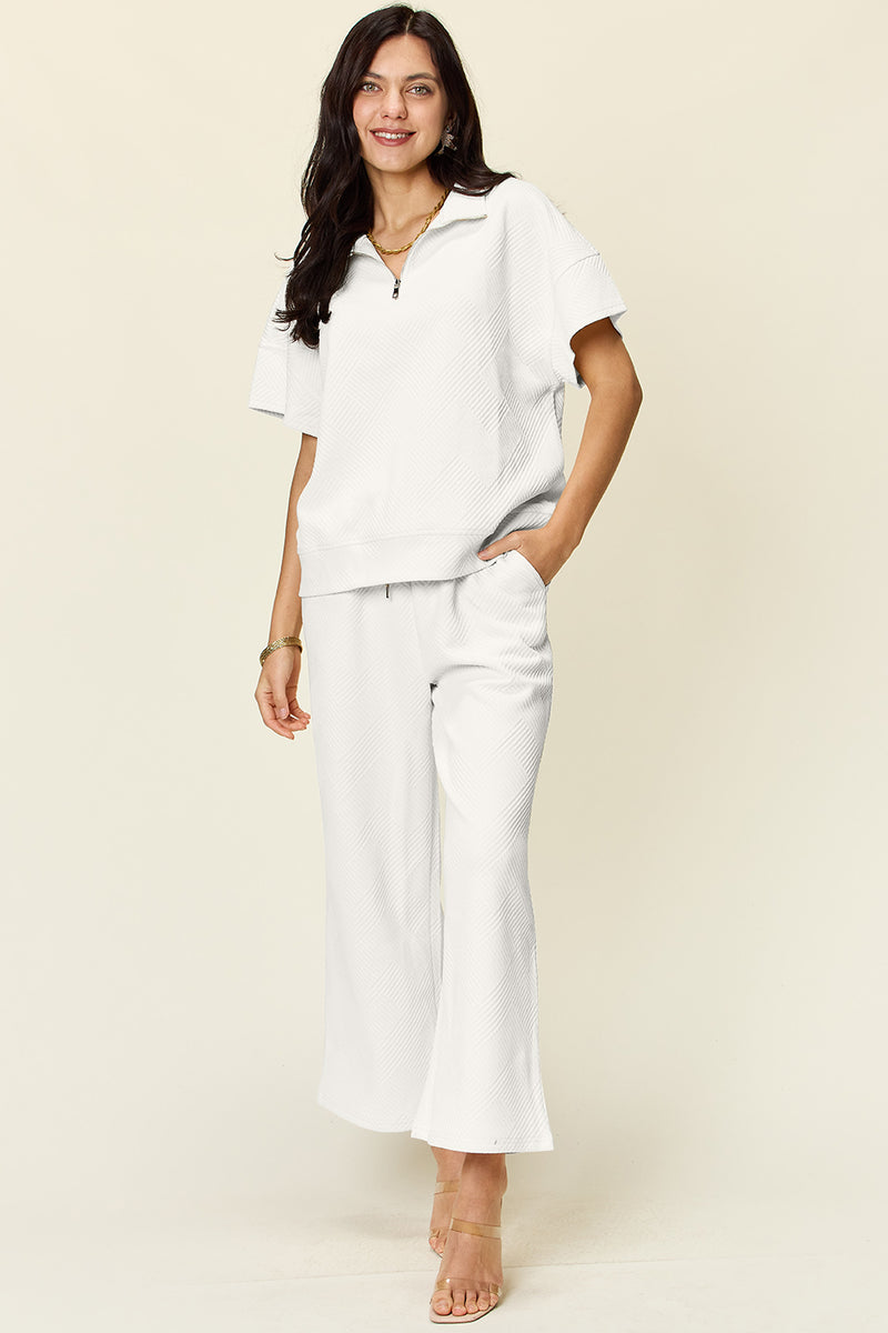 Double Take Full Size Texture Half Zip Short Sleeve Top and Pants Set - Trandify Deal