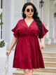 Plus Size Ruched Surplice Flounce Sleeve Mini Dress Trandify deal