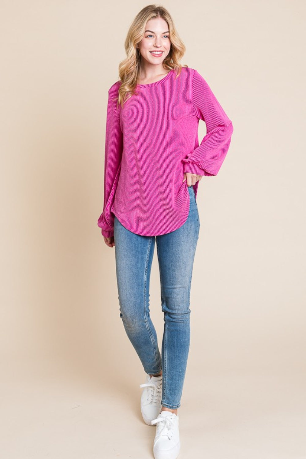 BOMBOM Long Sleeve Curved Hem Ribbed T-Shirt Trandify Deal
