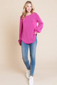 BOMBOM Long Sleeve Curved Hem Ribbed T-Shirt Trandify Deal