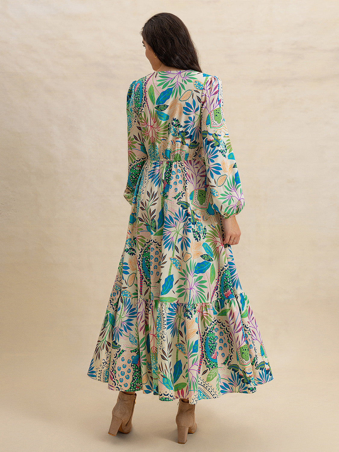 Slit Printed V-Neck Long Sleeve Midi Dress Trandify Deal