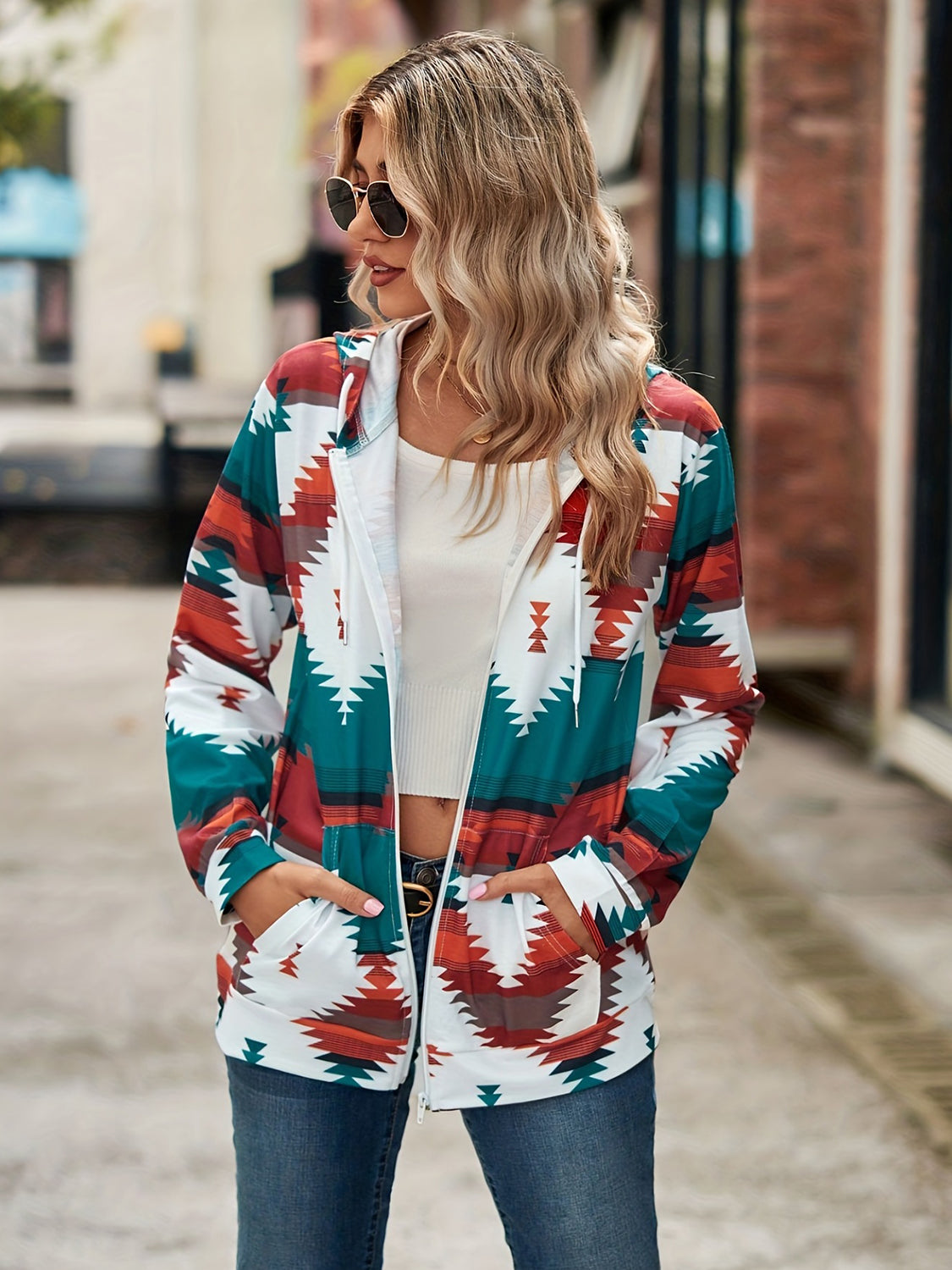 Geometric Zip Up Long Sleeve Hooded Jacket Trandify Deal
